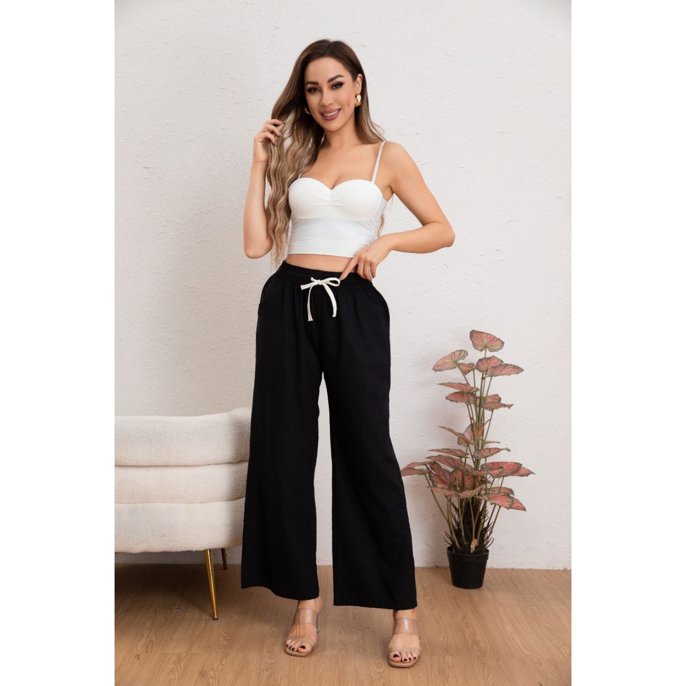 PANTALÓN MUJER CASUAL RECTO ALGODÓN TIPO LINO TIRO ALTO 7003 - 1