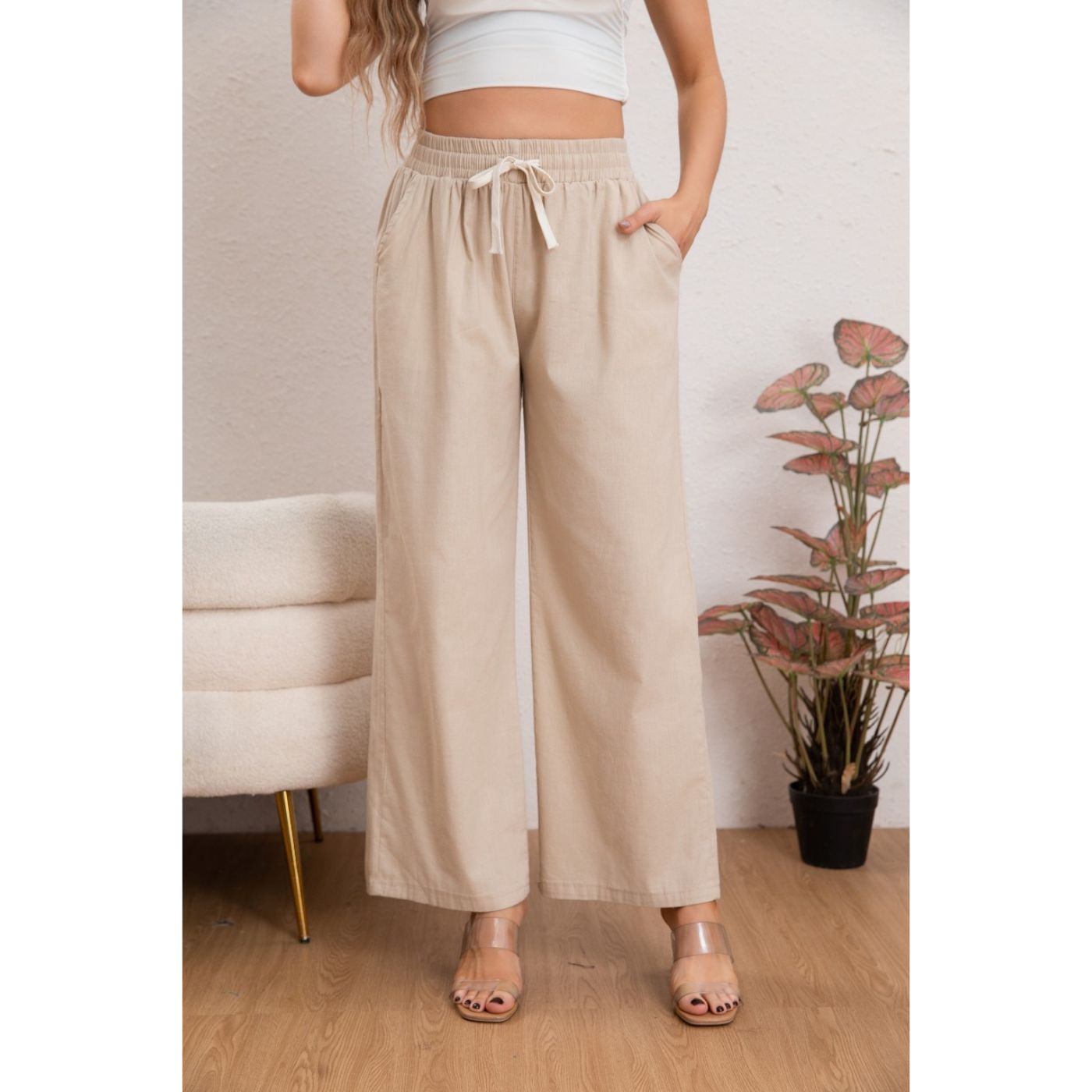 PANTALÓN MUJER CASUAL RECTO ALGODÓN TIPO LINO TIRO ALTO 7003 - 1
