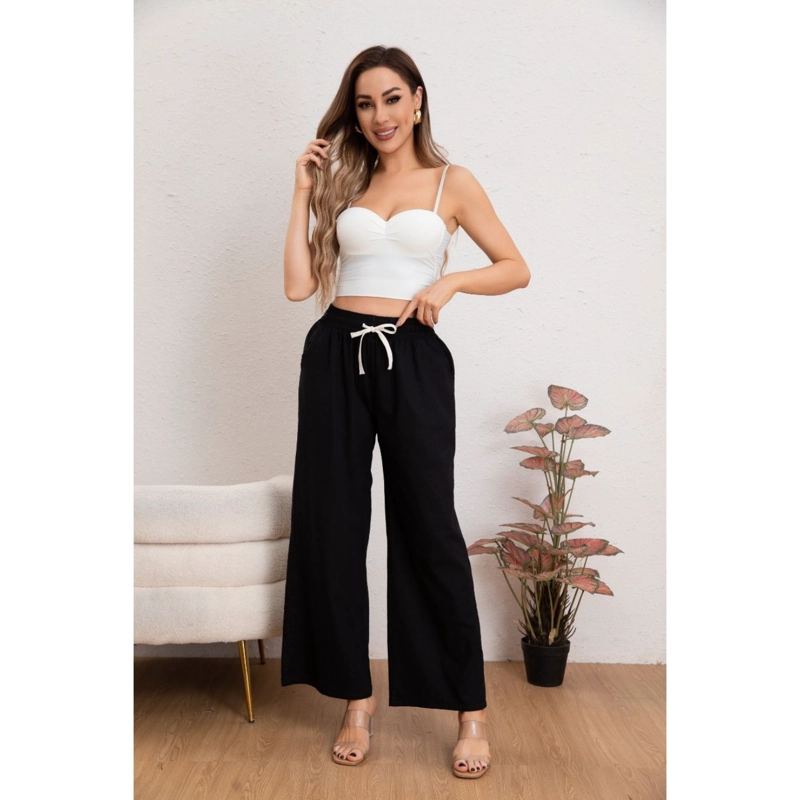 PANTALÓN MUJER CASUAL RECTO ALGODÓN TIPO LINO TIRO ALTO 7003 - 1