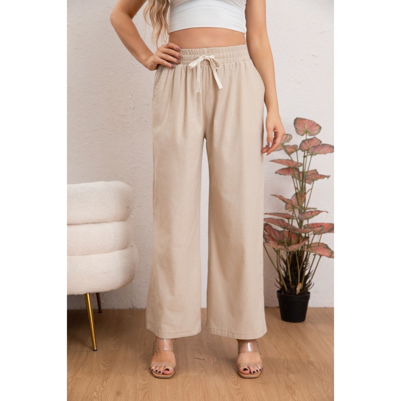 PANTALÓN MUJER CASUAL RECTO ALGODÓN TIPO LINO TIRO ALTO 7003 - 2