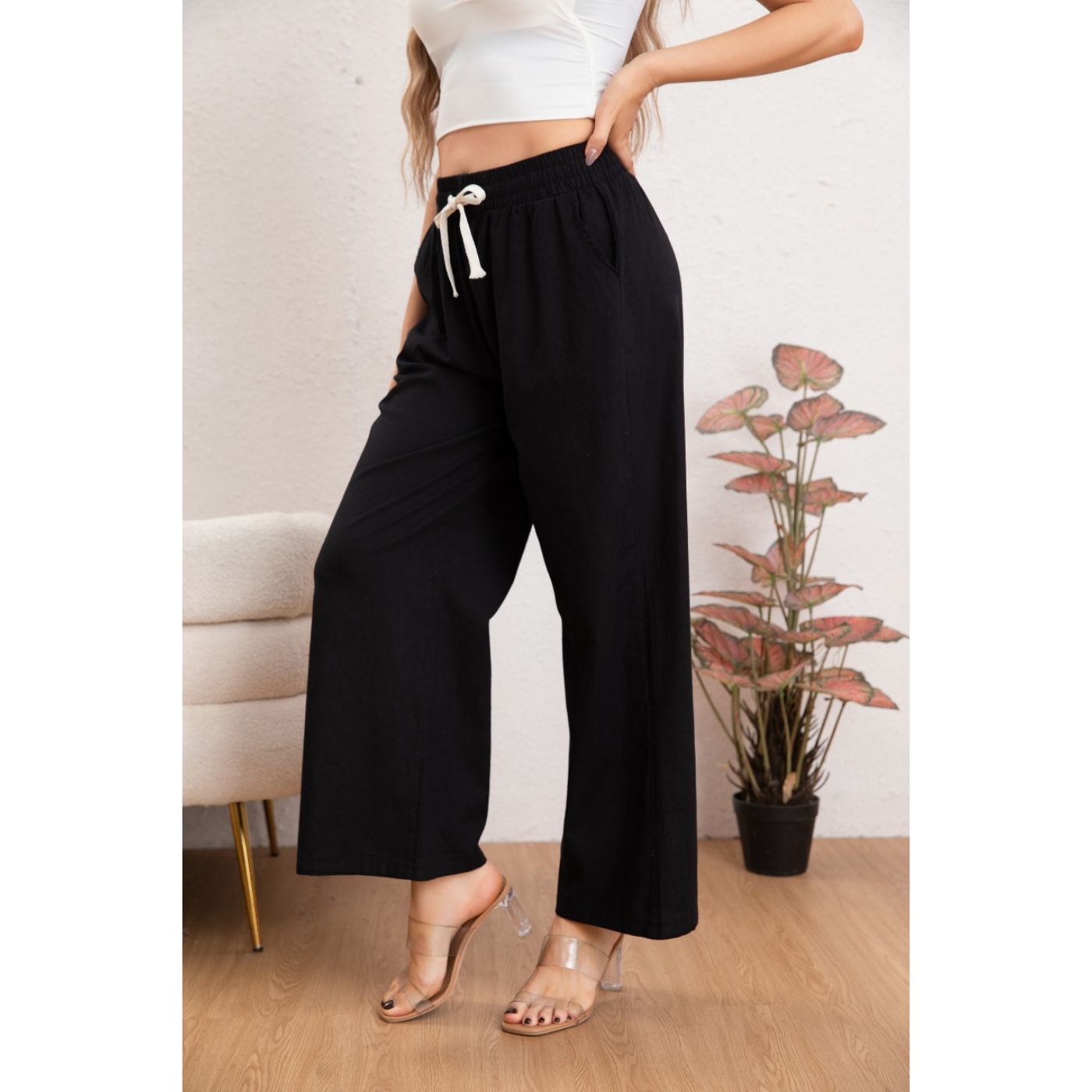 PANTALÓN MUJER CASUAL RECTO ALGODÓN TIPO LINO TIRO ALTO 7003 - 3