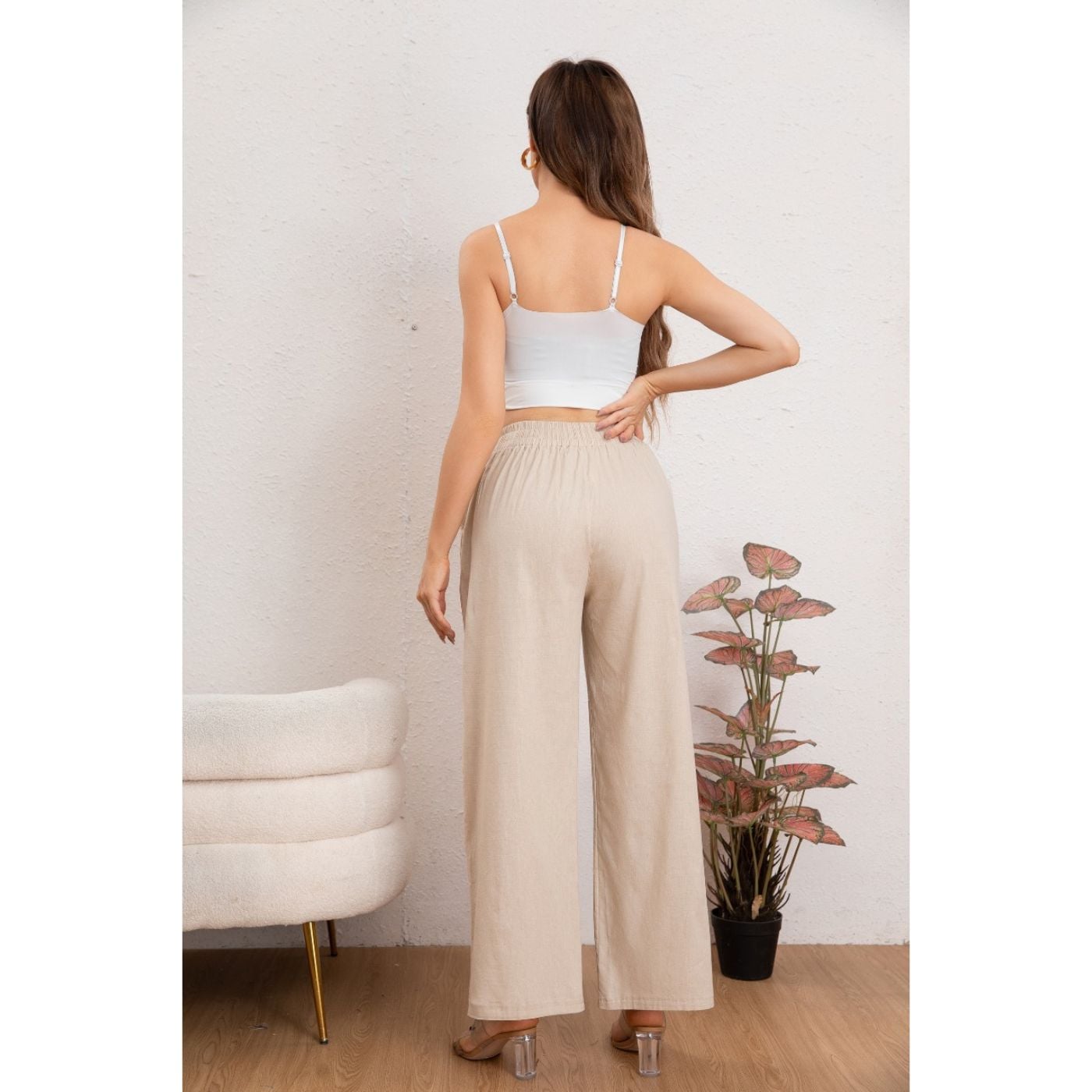 PANTALÓN MUJER CASUAL RECTO ALGODÓN TIPO LINO TIRO ALTO 7003 - 3