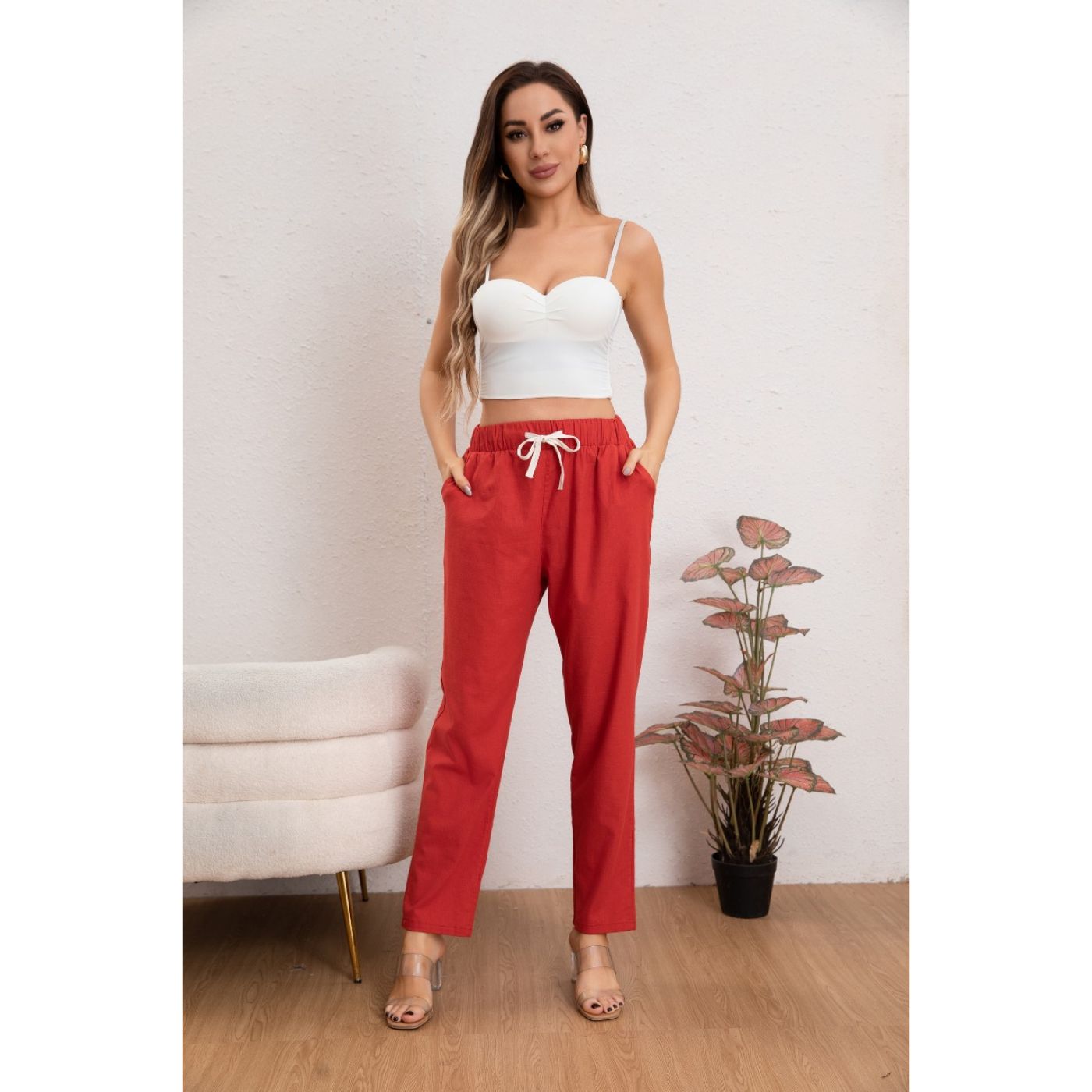PANTALÓN MUJER SEMI PITILLO ALGODÓN TIPO LINO TIRO ALTO 7004 - 1