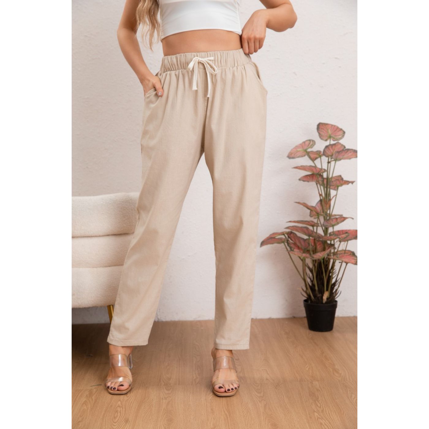 PANTALÓN MUJER SEMI PITILLO ALGODÓN TIPO LINO TIRO ALTO 7004 - 1