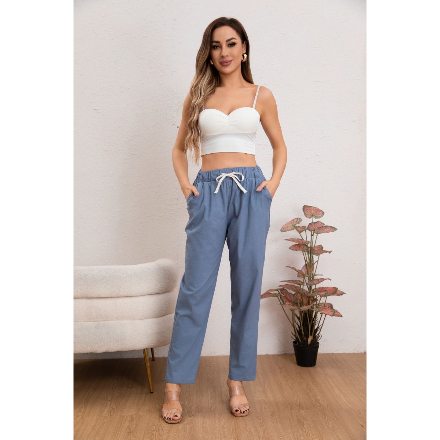 PANTALÓN MUJER SEMI PITILLO ALGODÓN TIPO LINO TIRO ALTO 7004 - 1