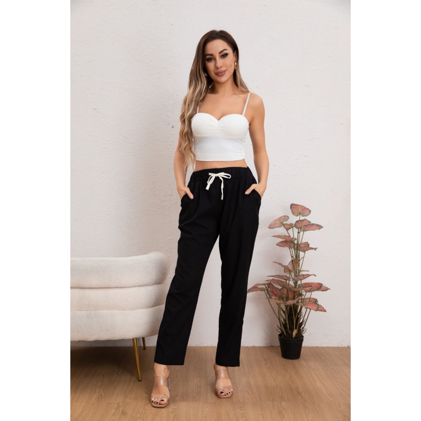 PANTALÓN MUJER SEMI PITILLO ALGODÓN TIPO LINO TIRO ALTO 7004 - 1