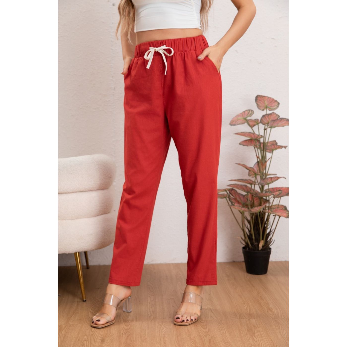 PANTALÓN MUJER SEMI PITILLO ALGODÓN TIPO LINO TIRO ALTO 7004 - 2