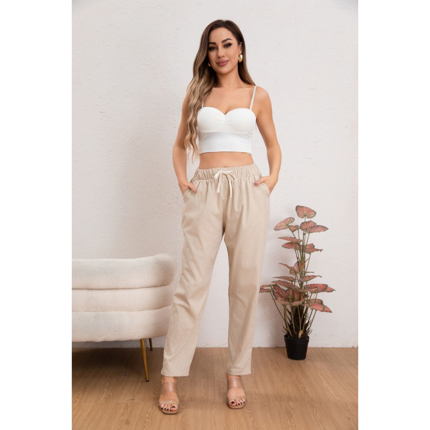PANTALÓN MUJER SEMI PITILLO ALGODÓN TIPO LINO TIRO ALTO 7004 - 2