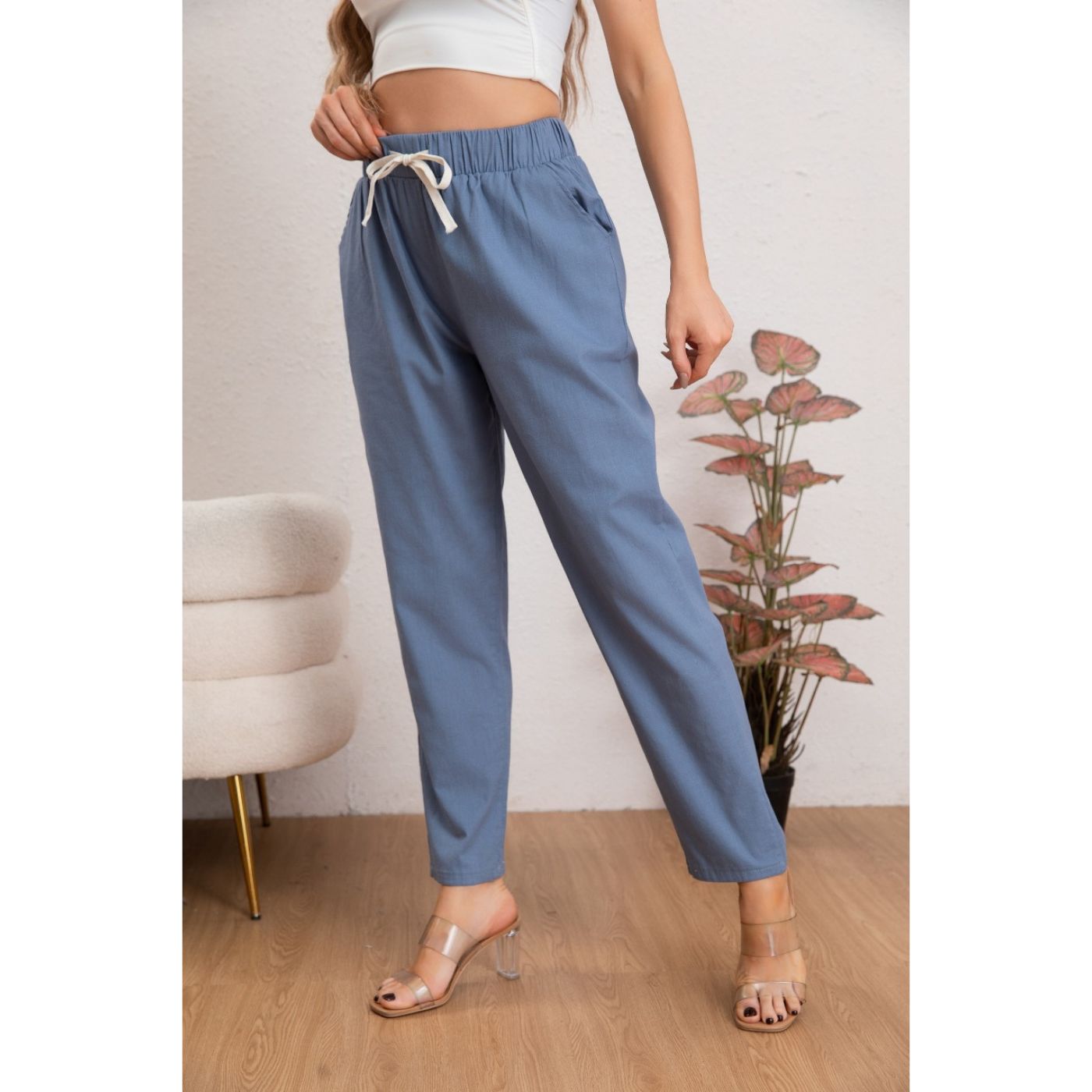 PANTALÓN MUJER SEMI PITILLO ALGODÓN TIPO LINO TIRO ALTO 7004 - 2