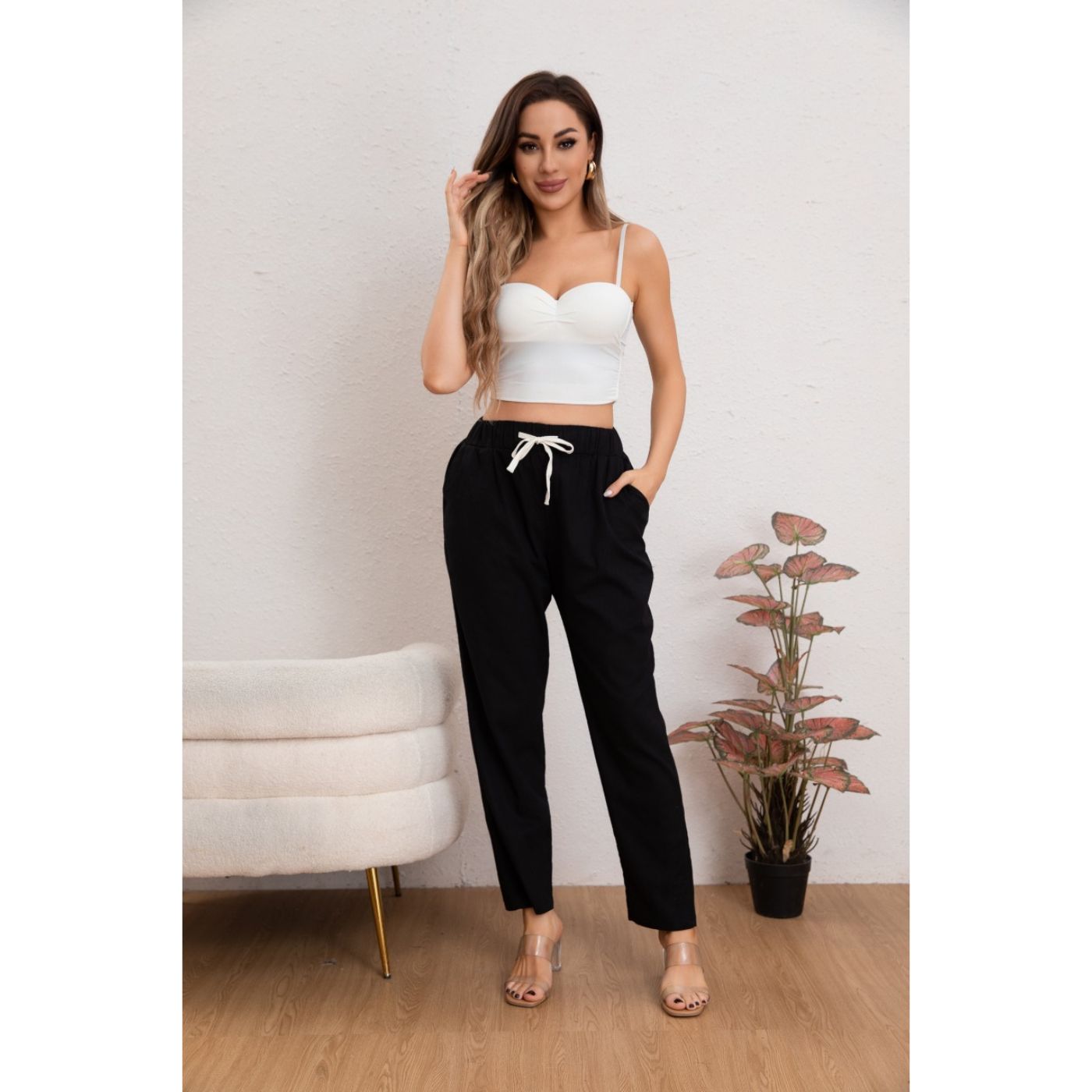 PANTALÓN MUJER SEMI PITILLO ALGODÓN TIPO LINO TIRO ALTO 7004 - 2