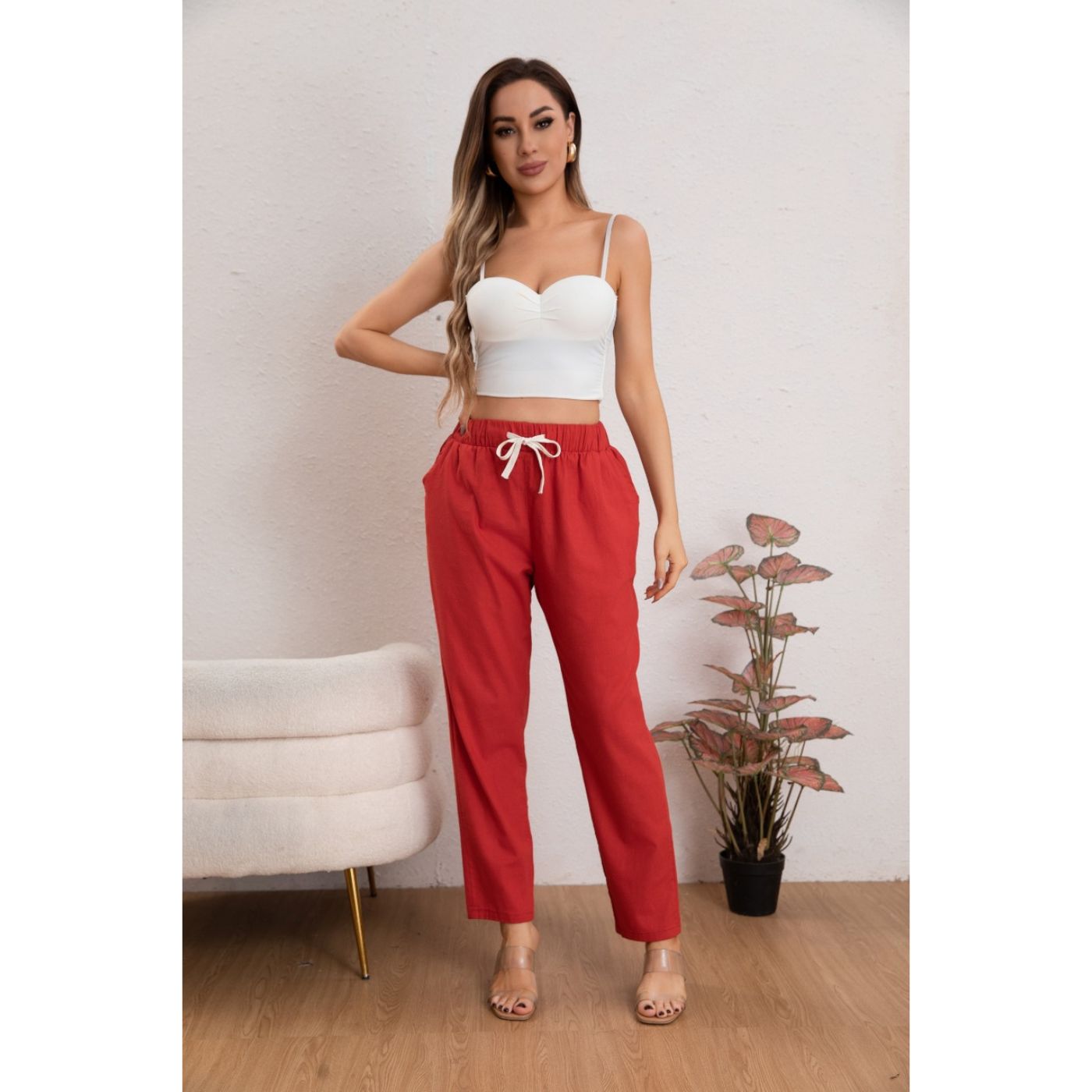 PANTALÓN MUJER SEMI PITILLO ALGODÓN TIPO LINO TIRO ALTO 7004 - 3