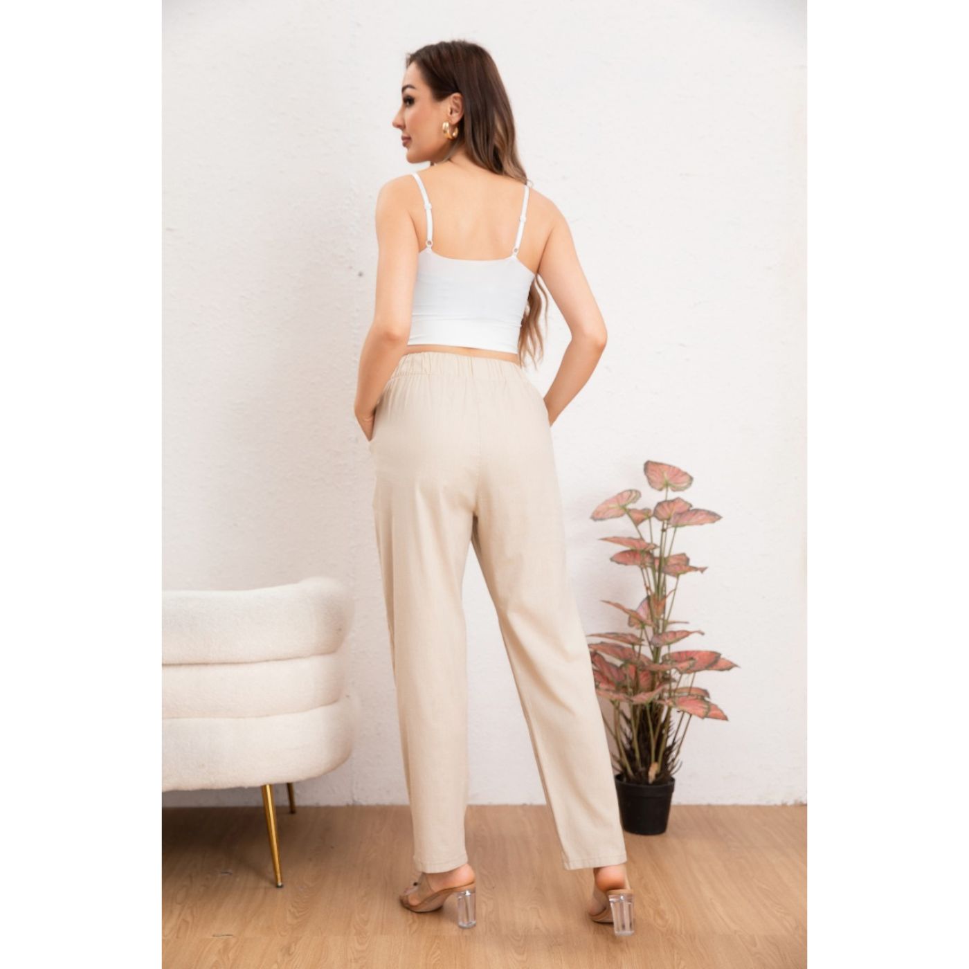 PANTALÓN MUJER SEMI PITILLO ALGODÓN TIPO LINO TIRO ALTO 7004 - 3