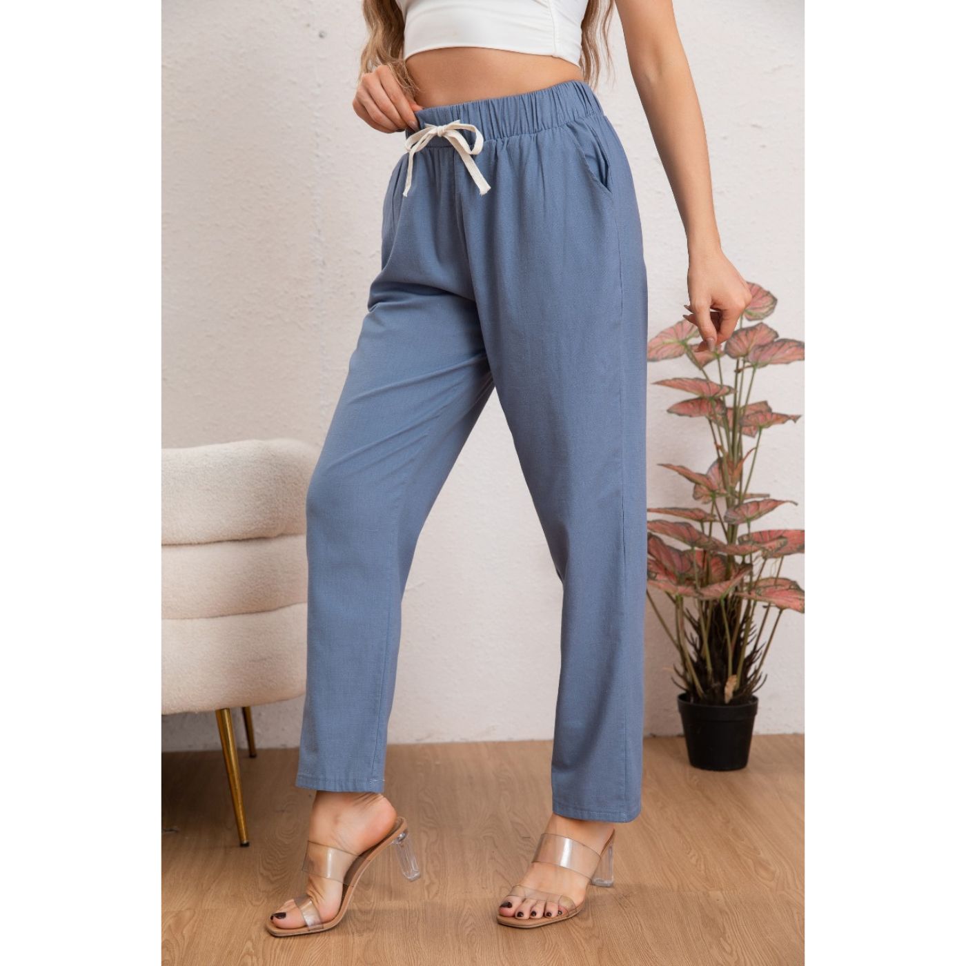 PANTALÓN MUJER SEMI PITILLO ALGODÓN TIPO LINO TIRO ALTO 7004 - 3