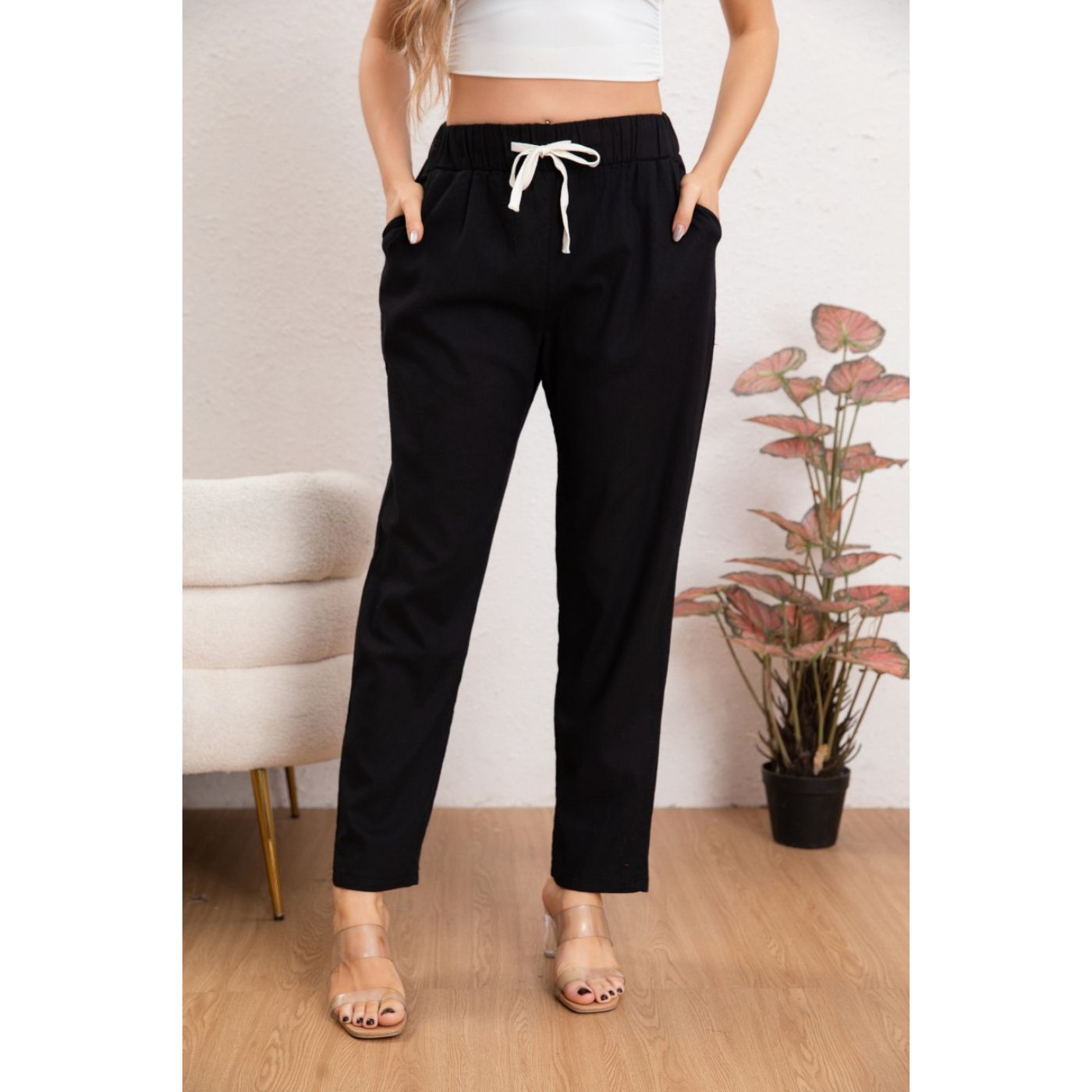 PANTALÓN MUJER SEMI PITILLO ALGODÓN TIPO LINO TIRO ALTO 7004 - 3