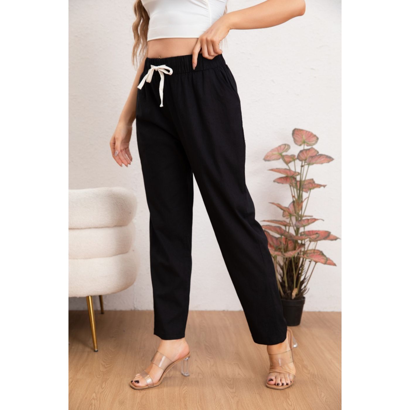 PANTALÓN MUJER SEMI PITILLO ALGODÓN TIPO LINO TIRO ALTO 7004 - 4