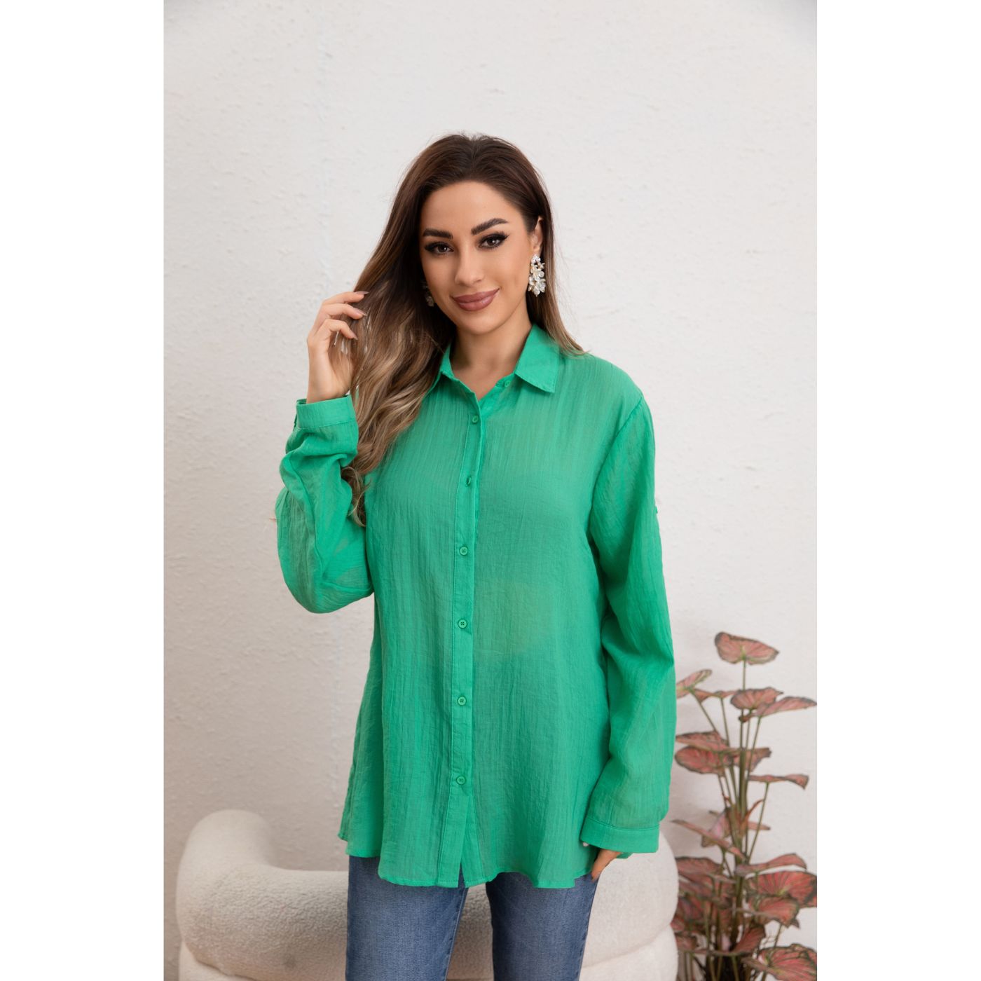BLUSA MUJER TIPO LINO ALGODÓN MANGA LARGA PREMIUM LIVIANA BOTONES 8056 - 1