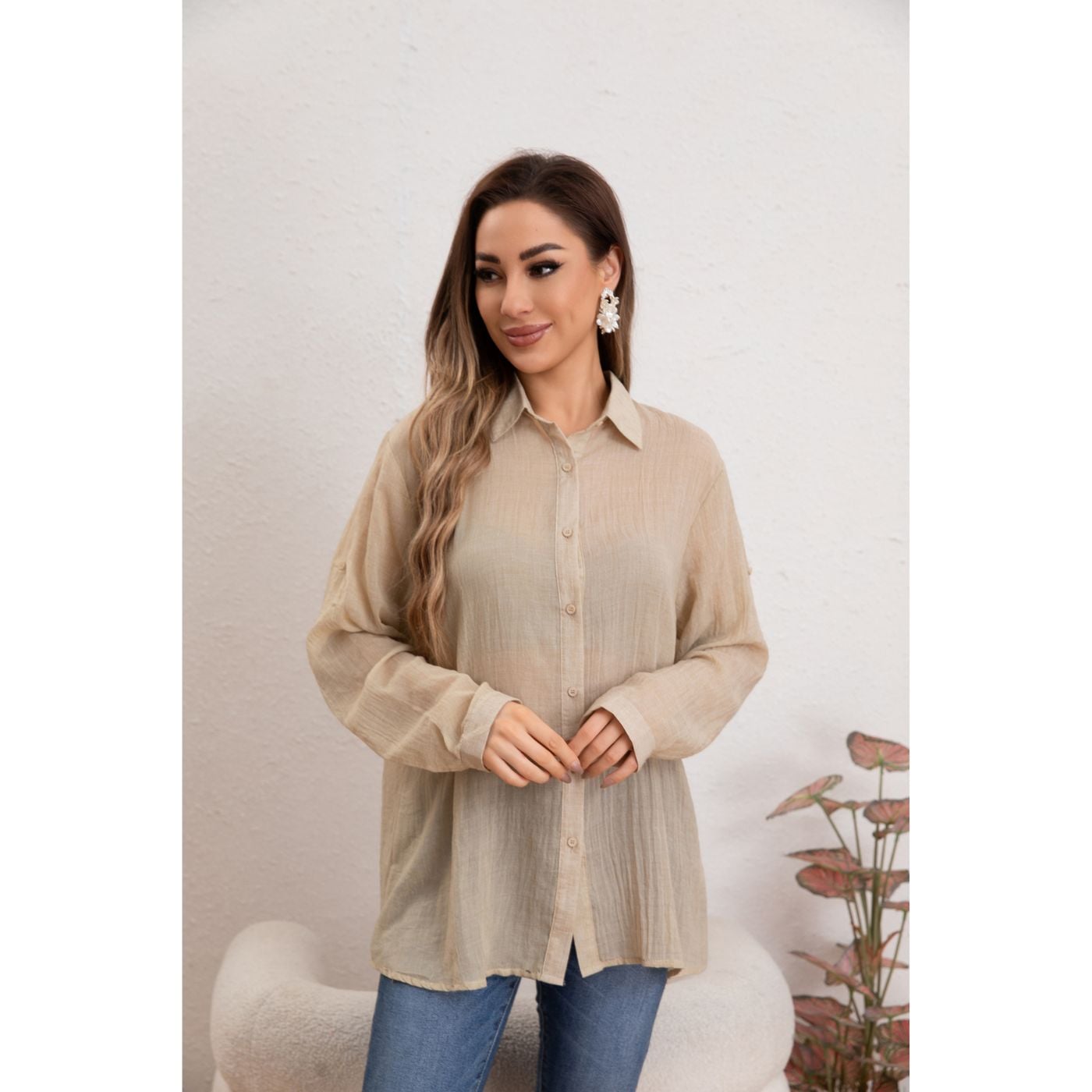 BLUSA MUJER TIPO LINO ALGODÓN MANGA LARGA PREMIUM LIVIANA BOTONES 8056 - 1