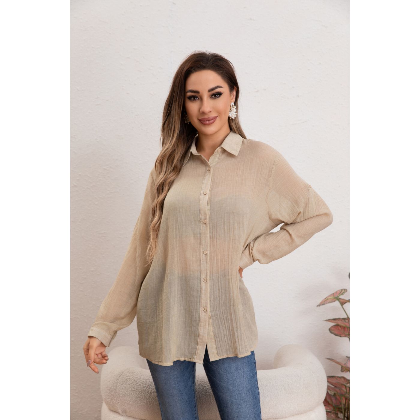 BLUSA MUJER TIPO LINO ALGODÓN MANGA LARGA PREMIUM LIVIANA BOTONES 8056 - 2