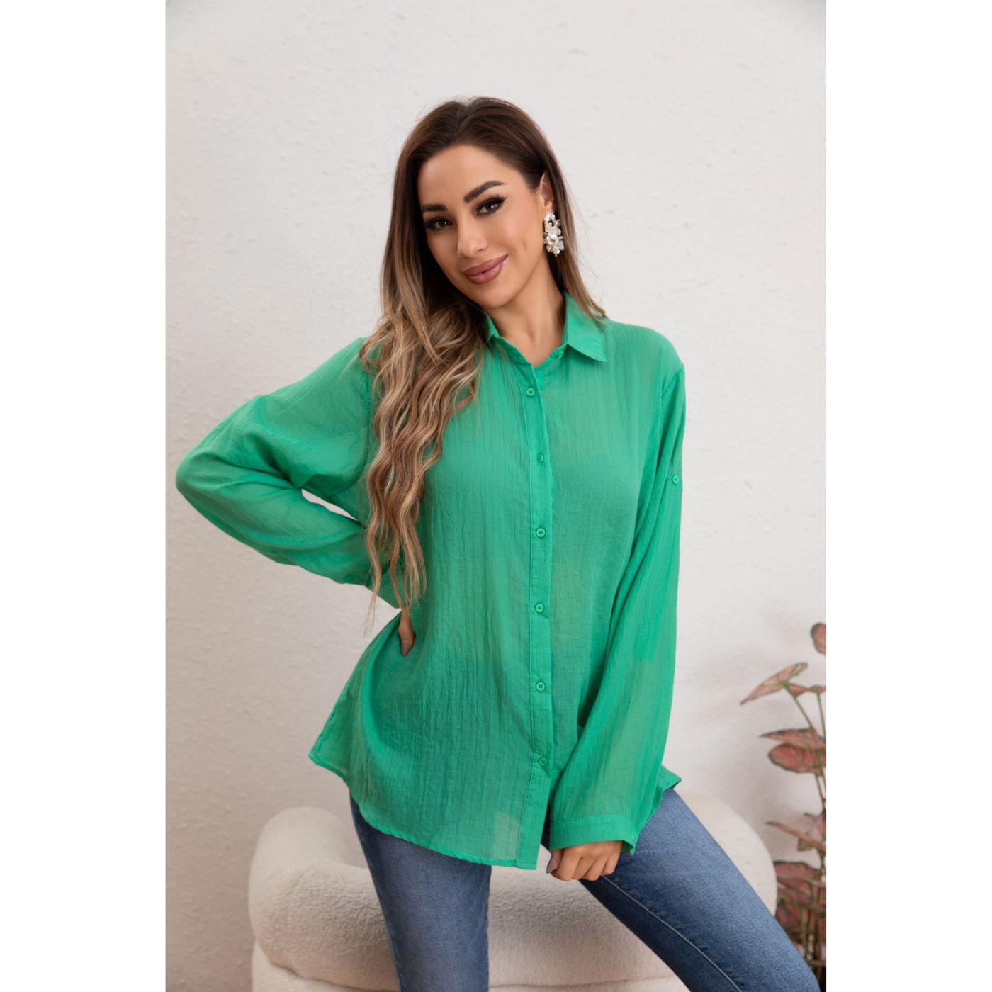 BLUSA MUJER TIPO LINO ALGODÓN MANGA LARGA PREMIUM LIVIANA BOTONES 8056 - 3