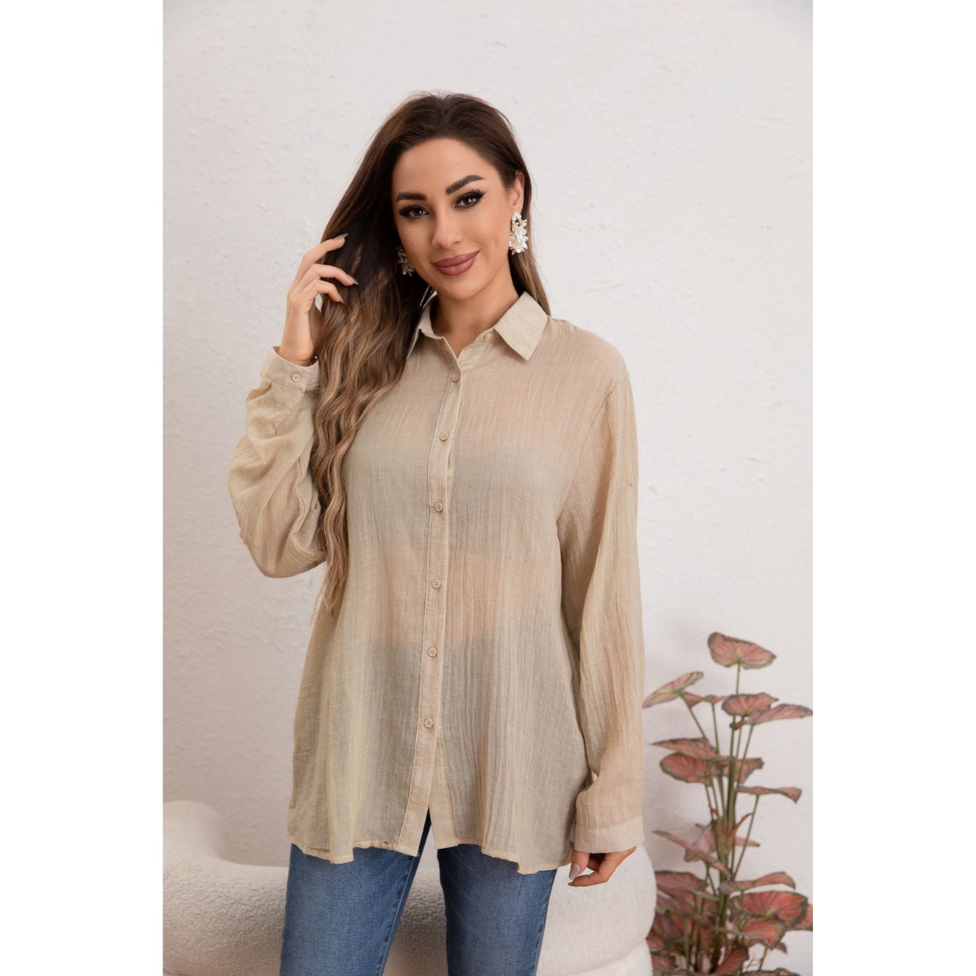 BLUSA MUJER TIPO LINO ALGODÓN MANGA LARGA PREMIUM LIVIANA BOTONES 8056 - 3