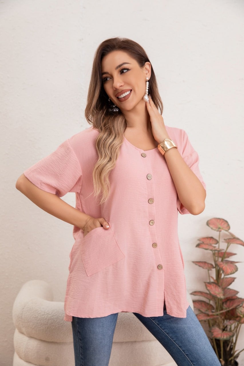 BLUSA MUJER MANGA CORTA ALGODÓN BOTONES BOLSILLOS 037 - 1