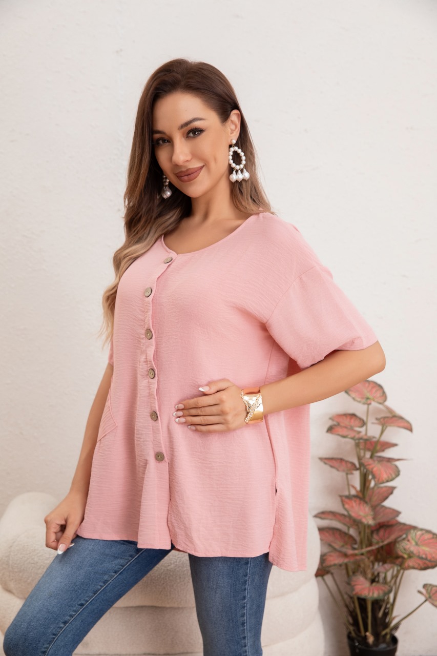 BLUSA MUJER MANGA CORTA ALGODÓN BOTONES BOLSILLOS 037 - 2
