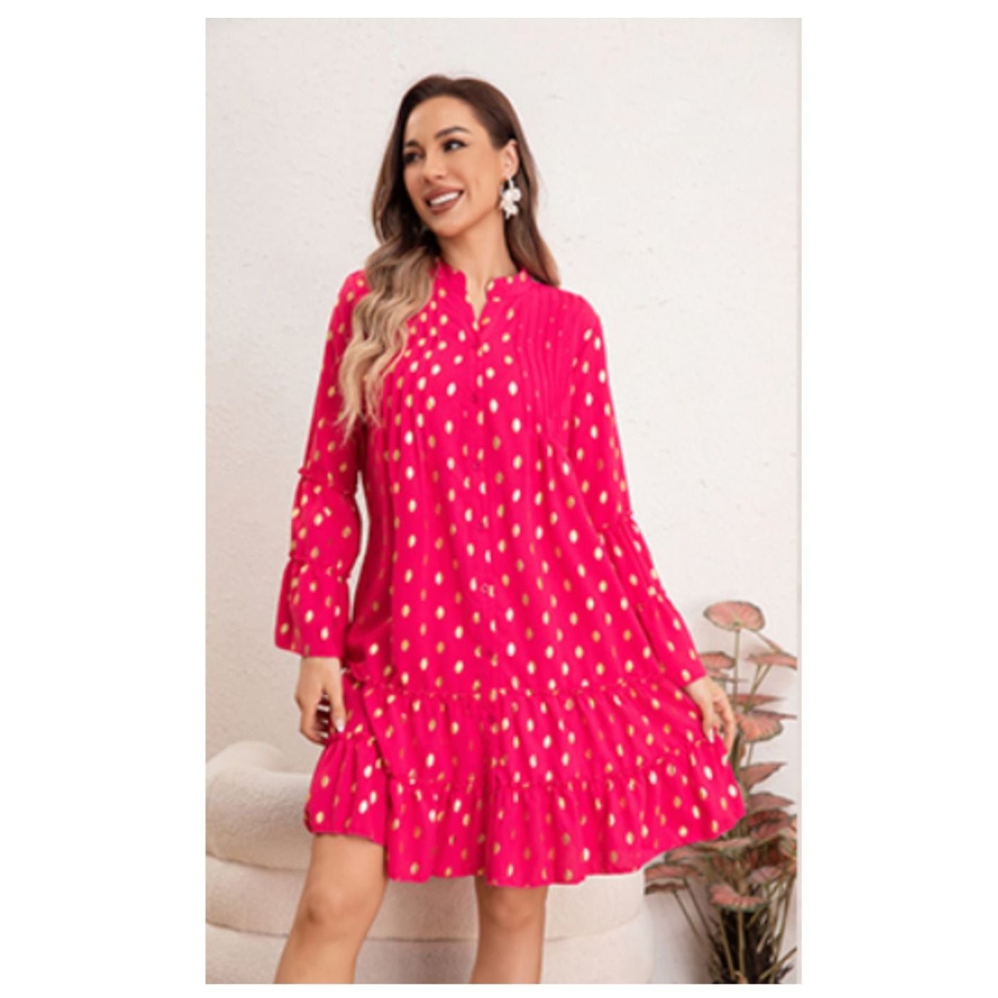 VESTIDO CORTO MUJER MANGA LARGA ANCHA DISEÑO PUNTOS 0043 - 1