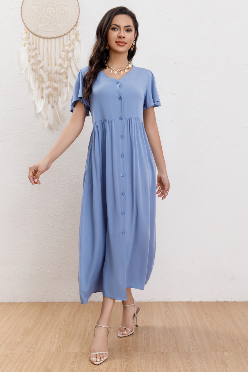 VESTIDO LARGO MUJER MANGA CORTA PRIMAVERA BOTONES CUELLO V 3340 - 1