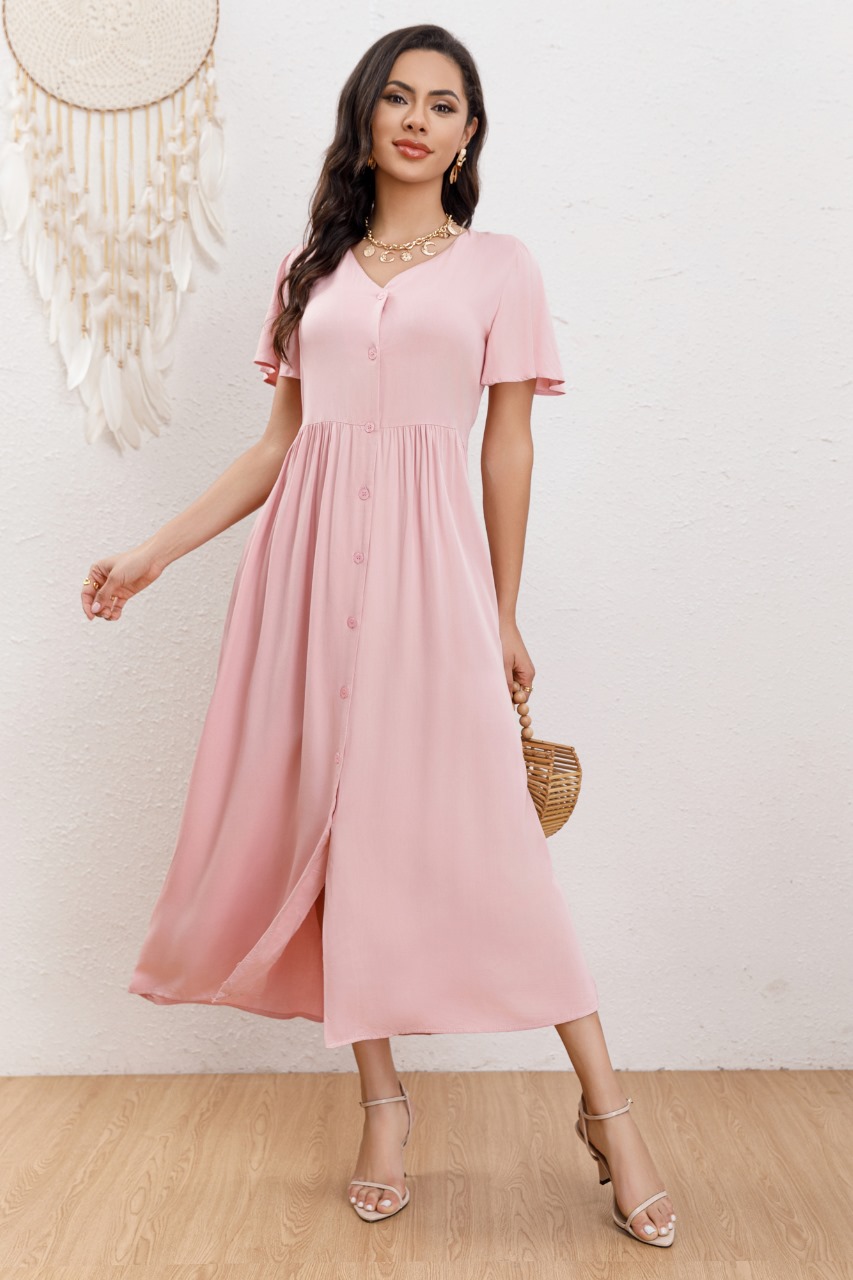 VESTIDO LARGO MUJER MANGA CORTA PRIMAVERA BOTONES CUELLO V 3340 - 1