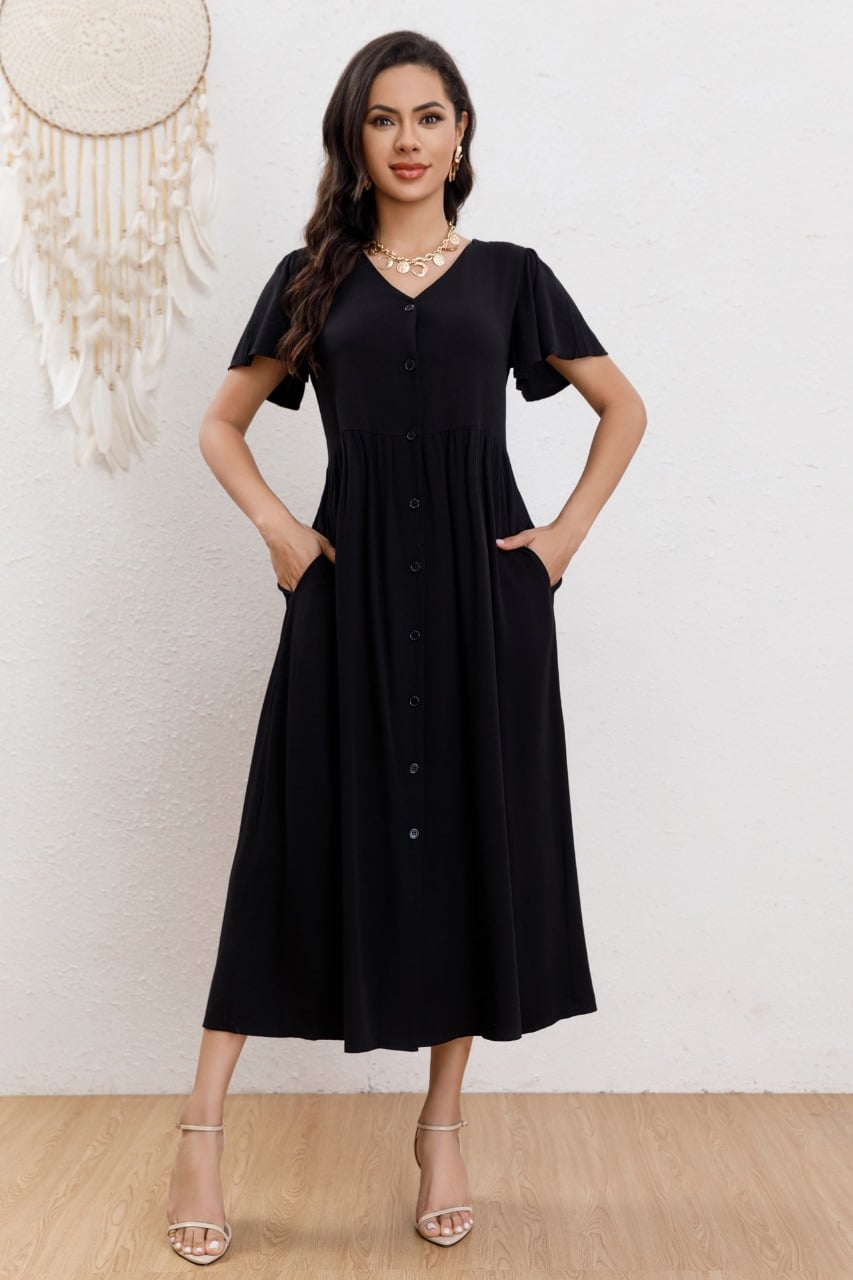 VESTIDO LARGO MUJER MANGA CORTA PRIMAVERA BOTONES CUELLO V 3340 - 1