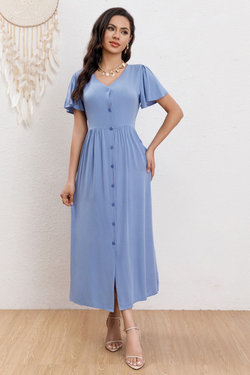 VESTIDO LARGO MUJER MANGA CORTA PRIMAVERA BOTONES CUELLO V 3340 - 2