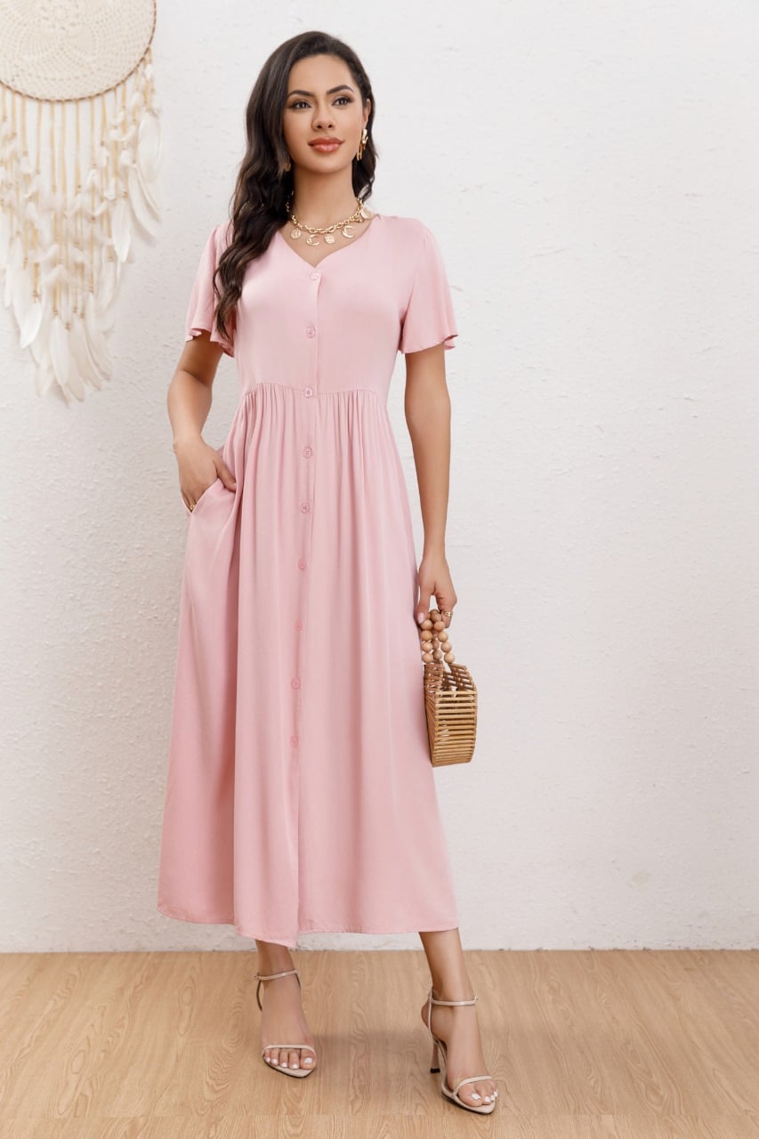 VESTIDO LARGO MUJER MANGA CORTA PRIMAVERA BOTONES CUELLO V 3340 - 2