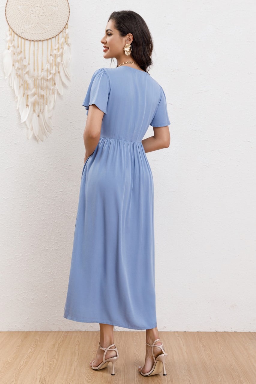 VESTIDO LARGO MUJER MANGA CORTA PRIMAVERA BOTONES CUELLO V 3340 - 3