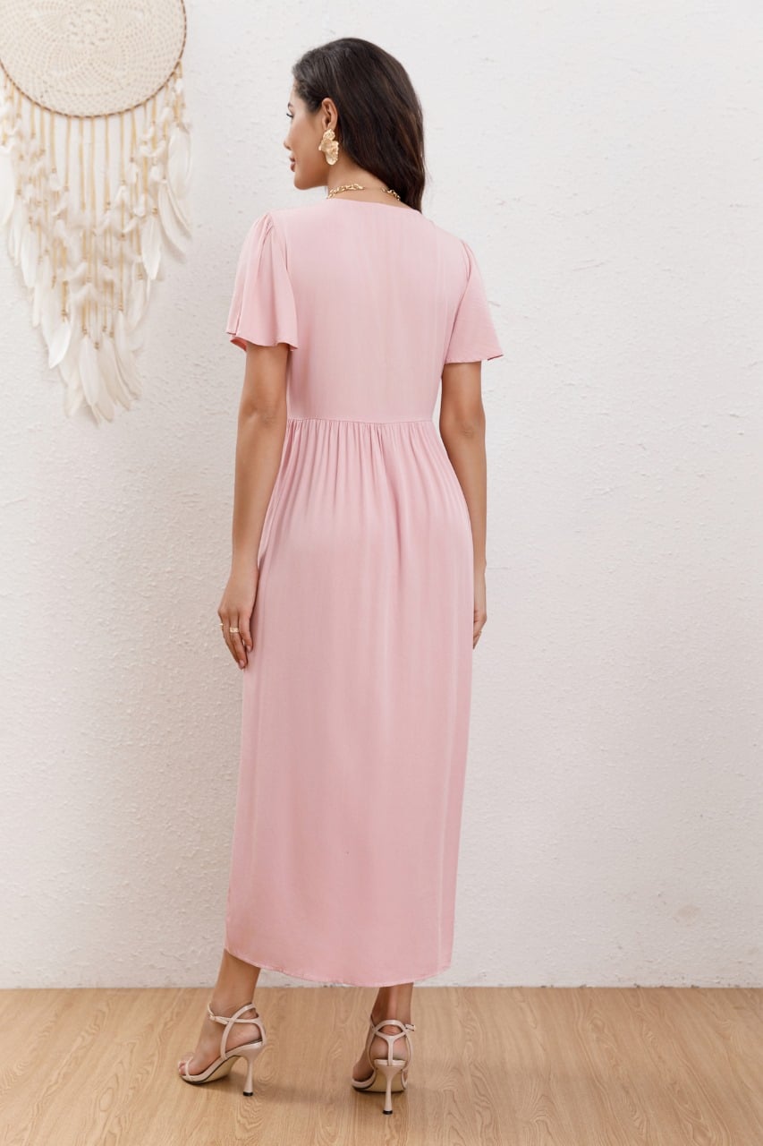 VESTIDO LARGO MUJER MANGA CORTA PRIMAVERA BOTONES CUELLO V 3340 - 3