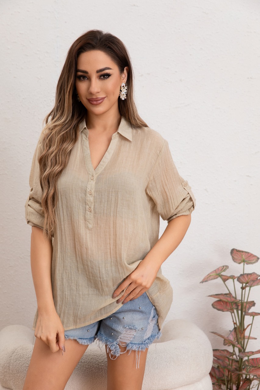 BLUSA MUJER LINO ALGODON PREMIUM LIVIANA BOTONES TENDENCIA 8054 - 1