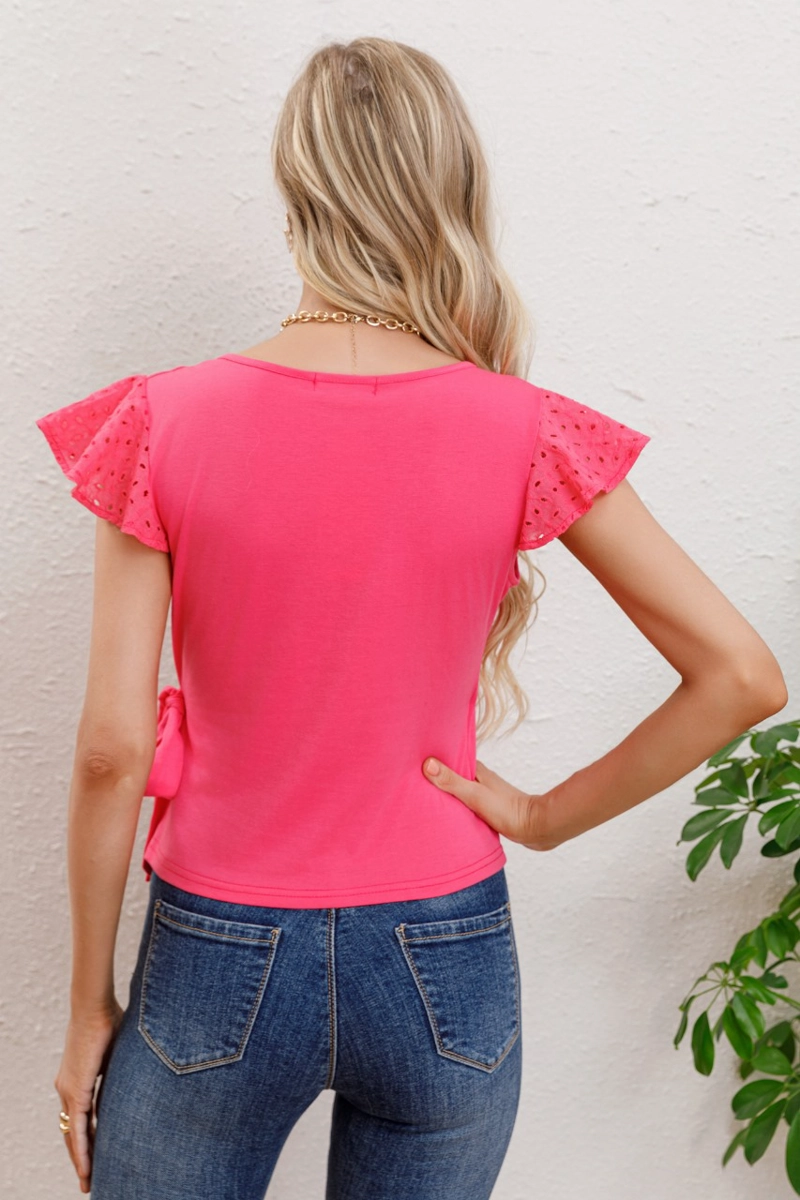 POLERA MUJER ALGODON ELASTICADA MANGA CORTA BRODERIE CUELLO V 3315 - 3