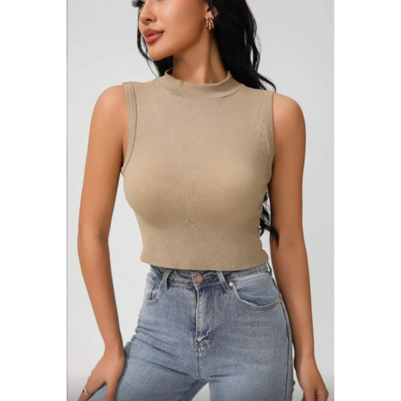 POLERA CORTA MUJER TOP SIN MANGA FULL ELASTICADA CUELLO ALTO 9009 - 1