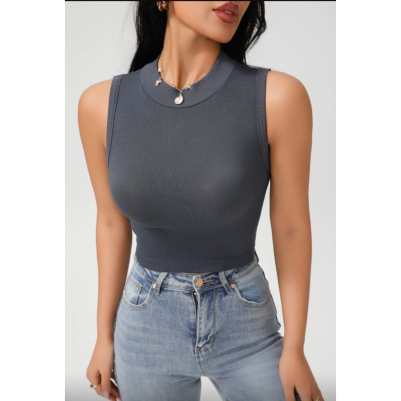POLERA CORTA MUJER TOP SIN MANGA FULL ELASTICADA CUELLO ALTO 9009 - 1