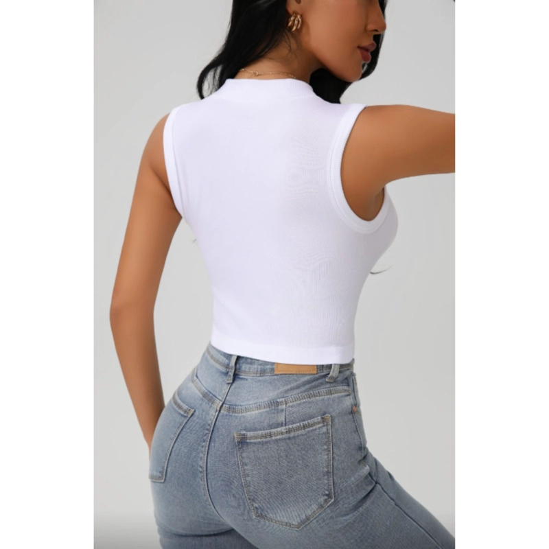 POLERA CORTA MUJER TOP SIN MANGA FULL ELASTICADA CUELLO ALTO 9009 - 2