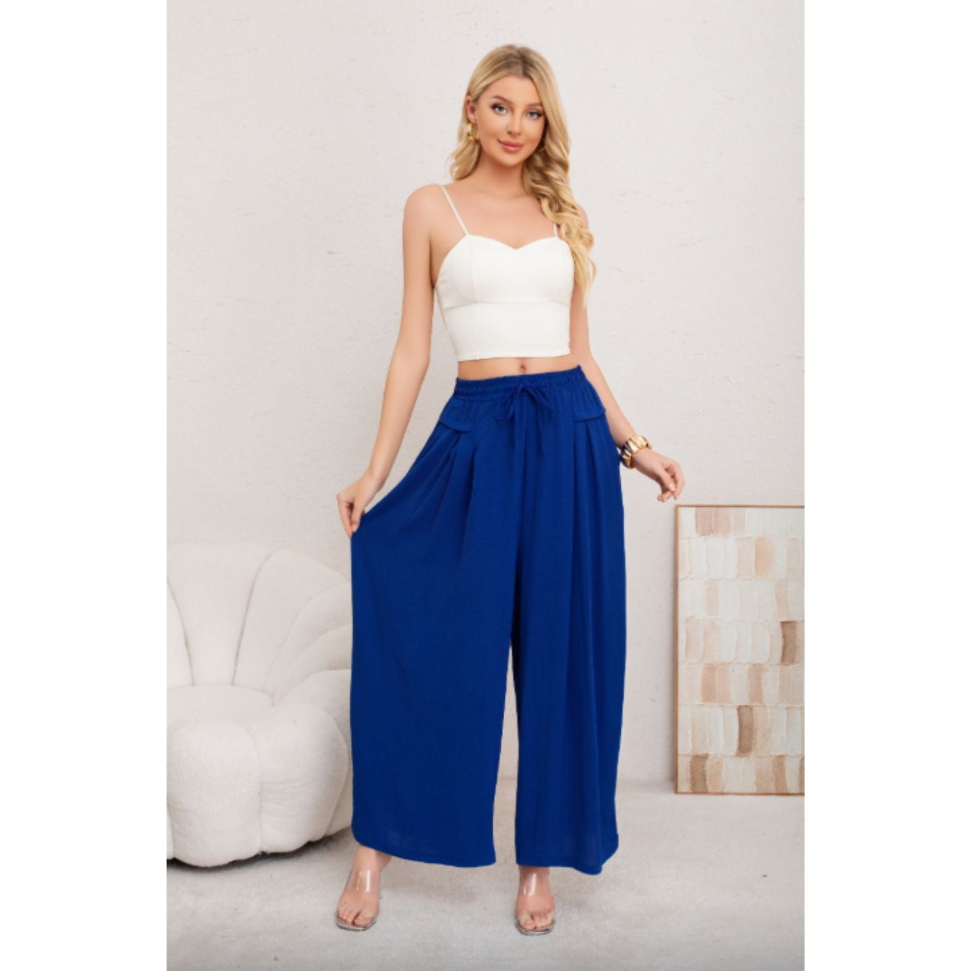 PANTALON PALAZZO ALGODON MUJER TIPO LINO CASUAL PLAYERO BOLSILLOS 3004 - 1