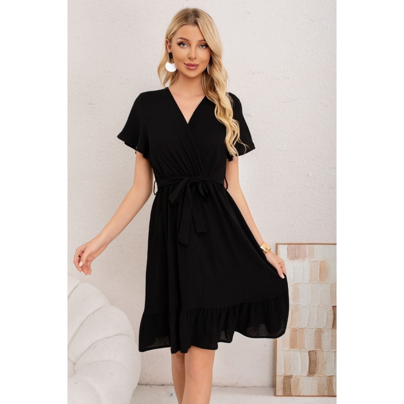 VESTIDO MIDI MUJER MANGA CORTA SEMI FORMAL LISO COLORES 3398 - 1