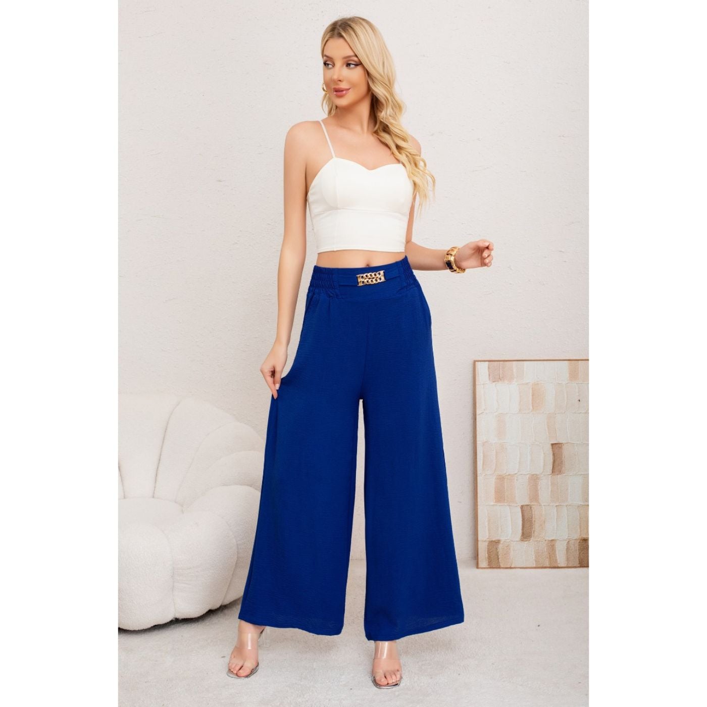 PANTALON PALAZZO ALGODON MUJER TIPO LINO BOTA ANCHA HEBILLA 3006 - 3
