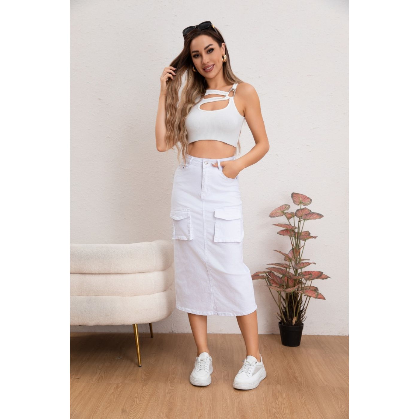 FALDA LARGA MUJER CARGO TIRO ALTO JEANS FULL ELASTICADA 6018 - 1