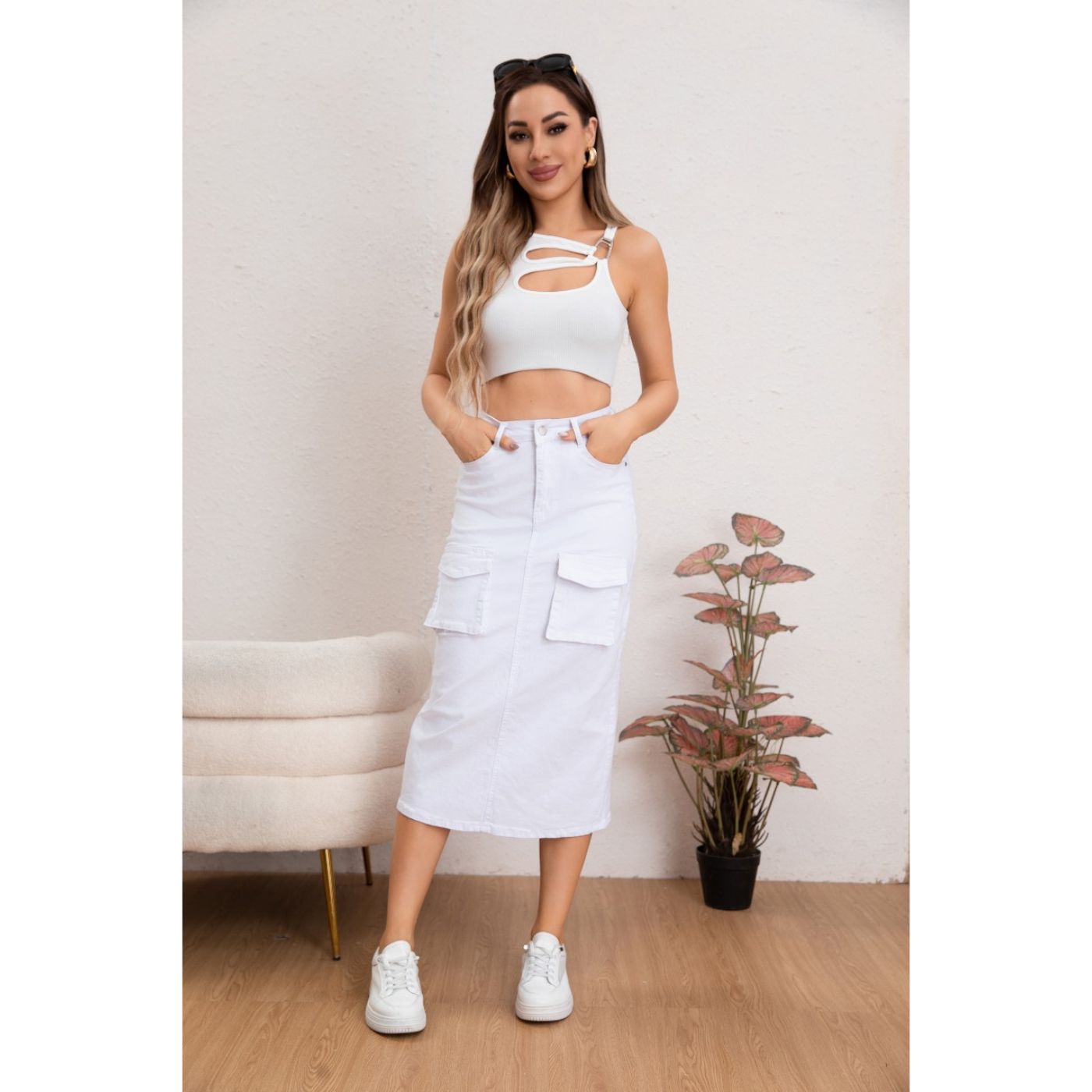 FALDA LARGA MUJER CARGO TIRO ALTO JEANS FULL ELASTICADA 6018 - 2