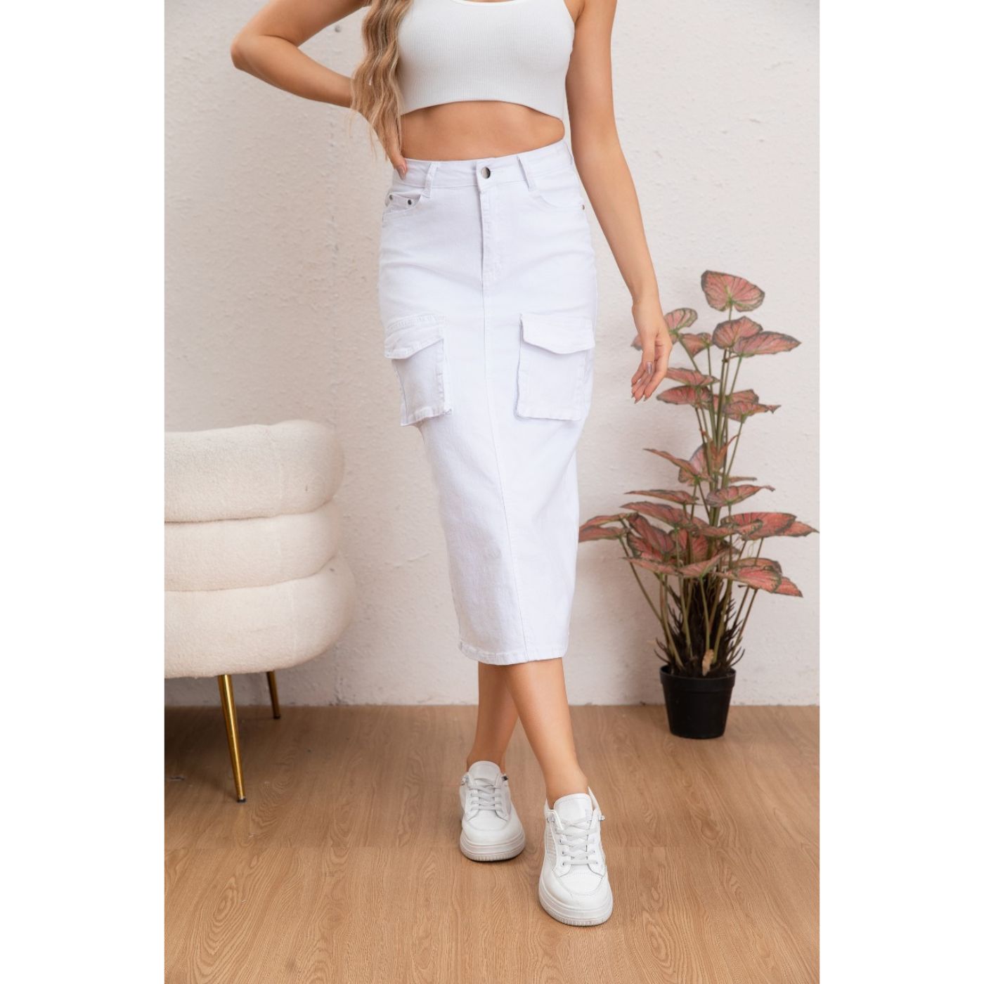 FALDA LARGA MUJER CARGO TIRO ALTO JEANS FULL ELASTICADA 6018 - 3