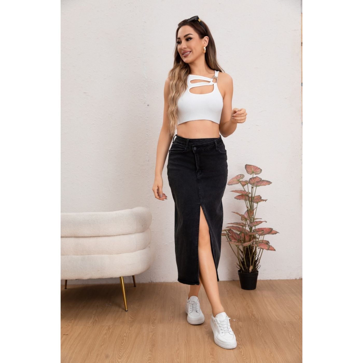 FALDA LARGA MUJER TIRO ALTO JEANS FULL ELASTICADA ABERTURA 6005 - 1