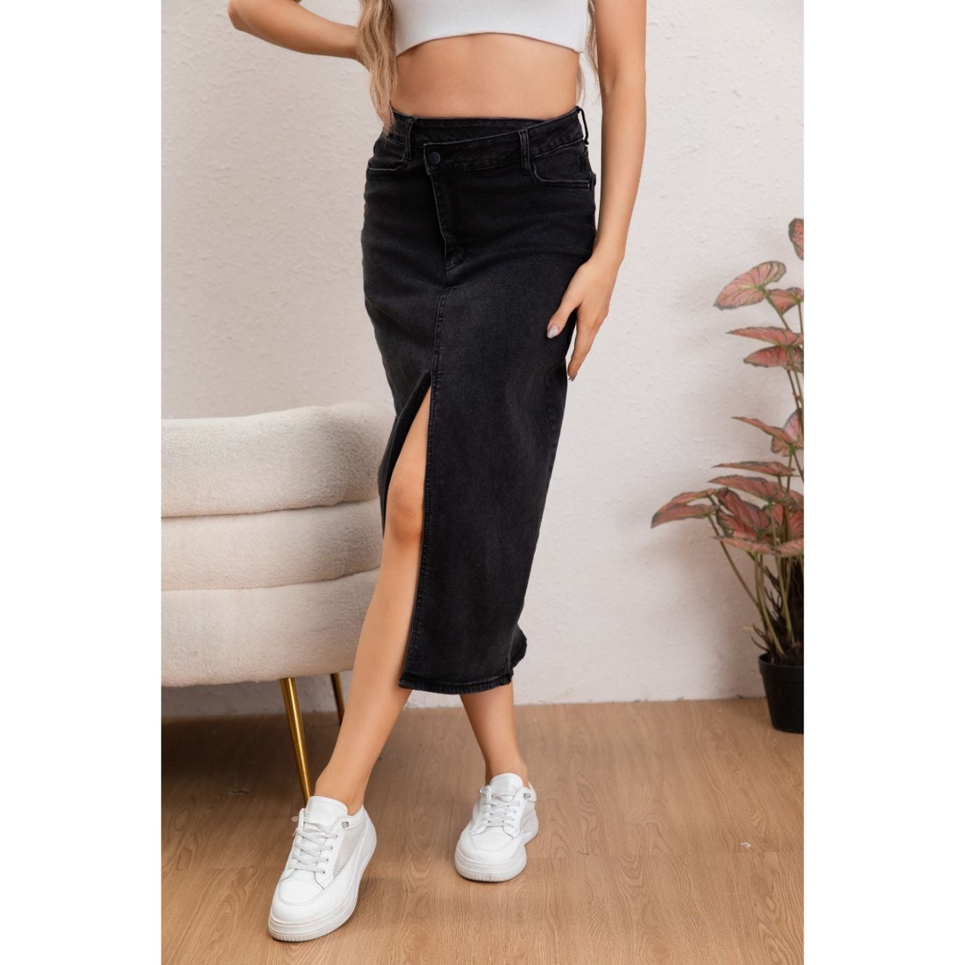 FALDA LARGA MUJER TIRO ALTO JEANS FULL ELASTICADA ABERTURA 6005 - 2