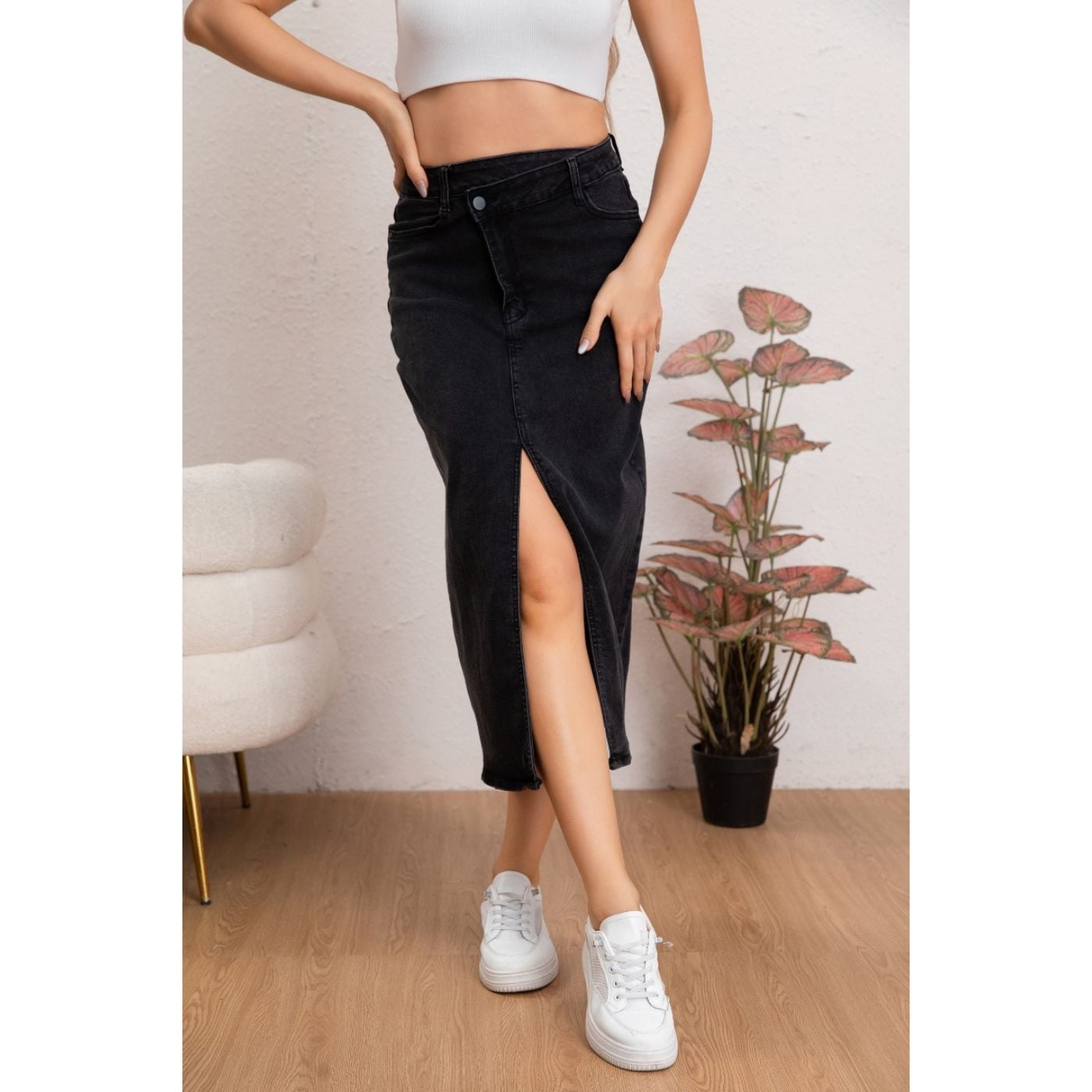 FALDA LARGA MUJER TIRO ALTO JEANS FULL ELASTICADA ABERTURA 6005 - 3