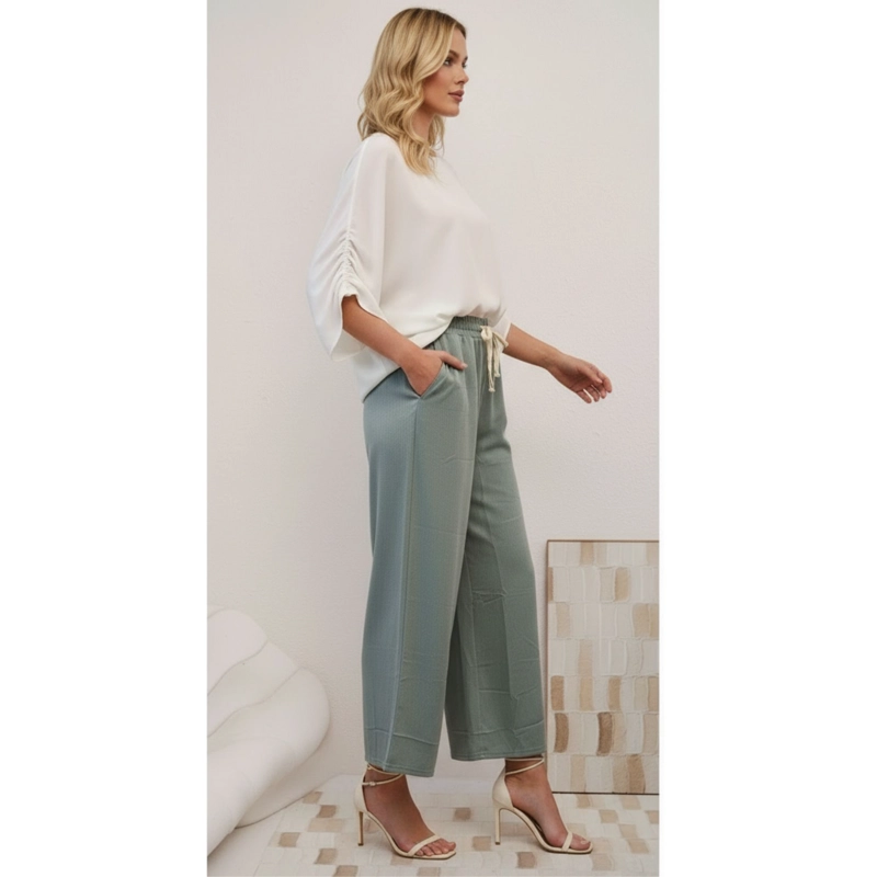 PANTALON MUJER TEXTURIZADO PIERNA ANCHA TELA ELASTICADA 30002 - 2