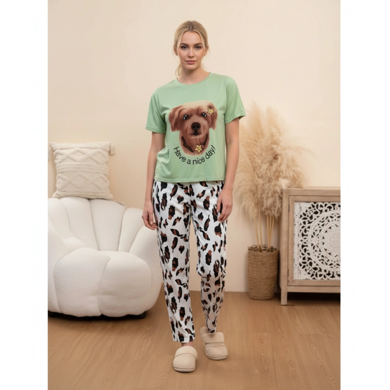 CONJUNTO 3 PIEZAS PIJAMA MUJER VERANO SHORT PANTALON POLERA MANGA CORTA 100 - 1